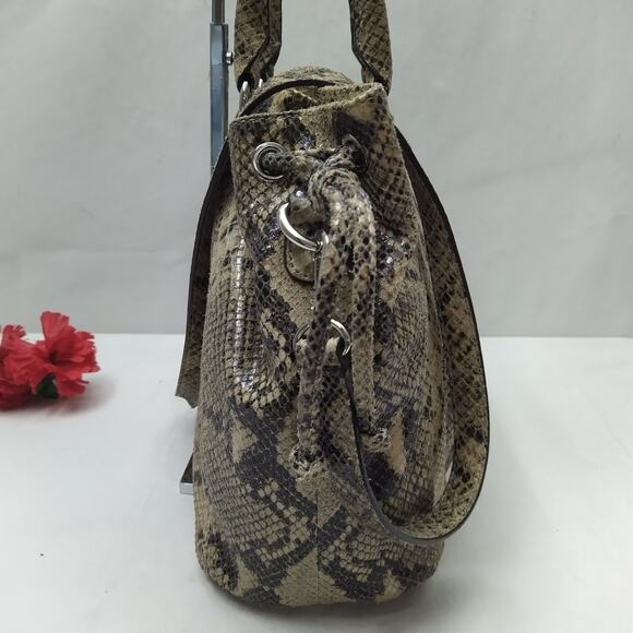 Michael Kors Gray Leather Python Embossed Pushlock Drawstring Satchel Bag - Picture 6 of 16